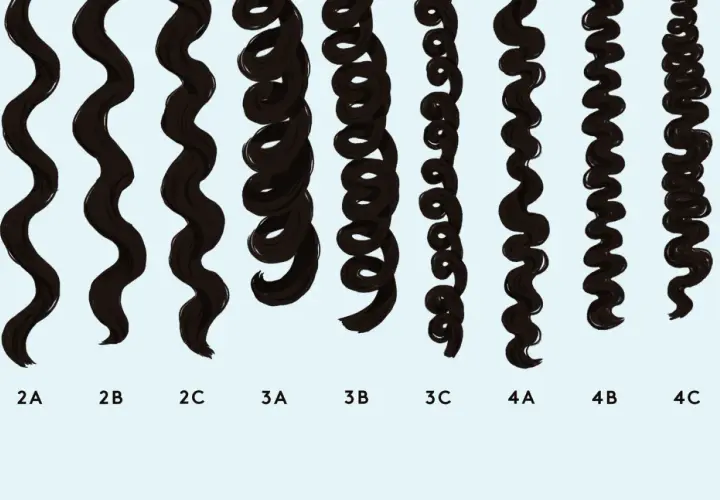 Muestras de cabello rizado, desde ondas sueltas (2A) hasta rizos apretados tipo finger coils (4C).