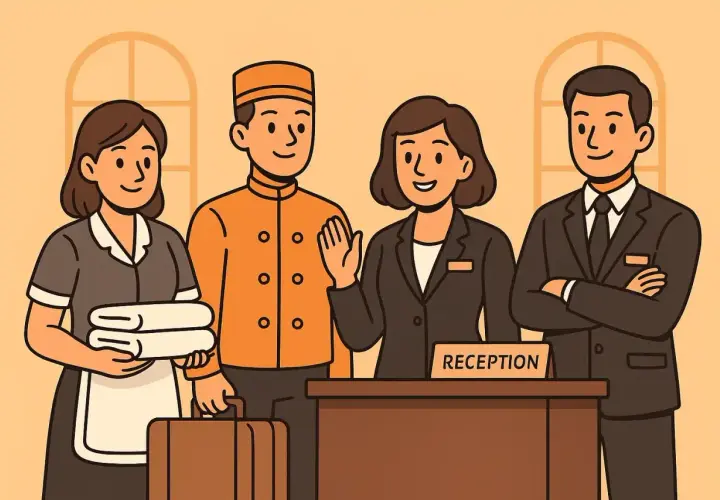 Personale dell'hotel alla reception: addetta alle pulizie con asciugamani, facchino con valigia, receptionist e un uomo in giacca. Le loro mansioni back office sono essenziali.