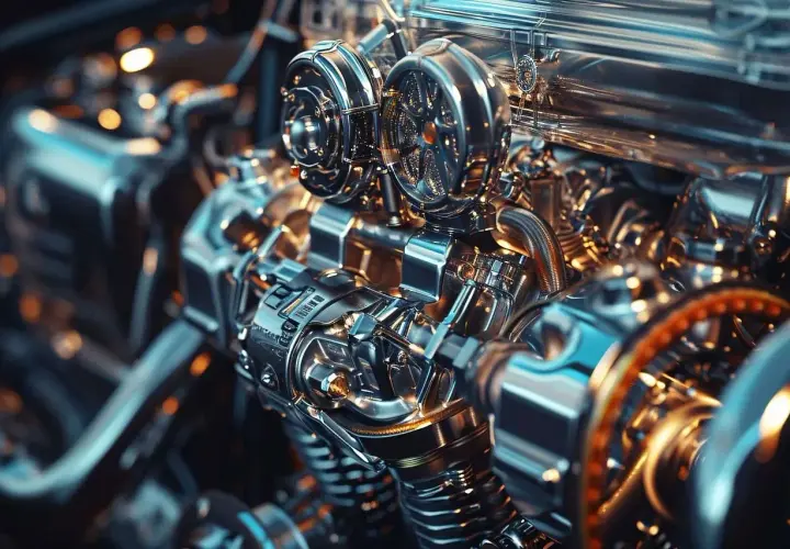Dettaglio di un motore con turbocompressore. Se la puleggia albero motore è rotta, i sintomi possono includere rumori strani e perdita di potenza.