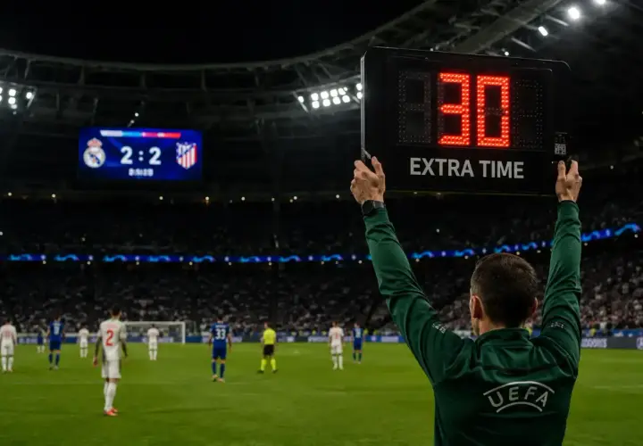 Sędzia podnosi tablicę z napisem "EXTRA TIME" i cyfrą "30", wskazując, ile trwa dogrywka w piłce nożnej. Wynik na tablicy to 2:2.
