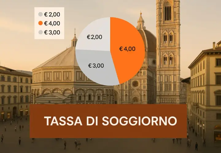 Grafico a torta con prezzi della tassa di soggiorno (2€, 3€, 4€) su sfondo di Firenze.