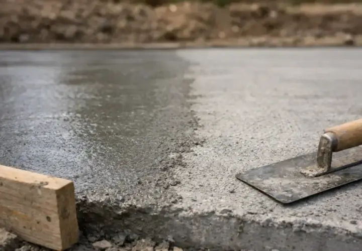 Świeżo wylany, mokry beton na budowie. Narzędzia budowlane, jak kielnia i drewniany klin, czekają na dalsze prace. Szybki beton to podstawa solidnej konstrukcji.