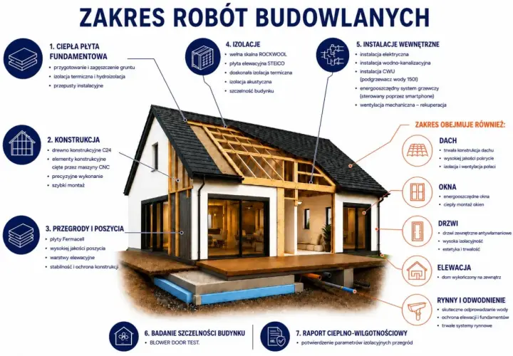 Budowa domu: od czego zacząć? Schemat przedstawia etapy budowy: płyta fundamentowa, konstrukcja, izolacje, instalacje, dach, okna, drzwi, elewacja, rynny.
