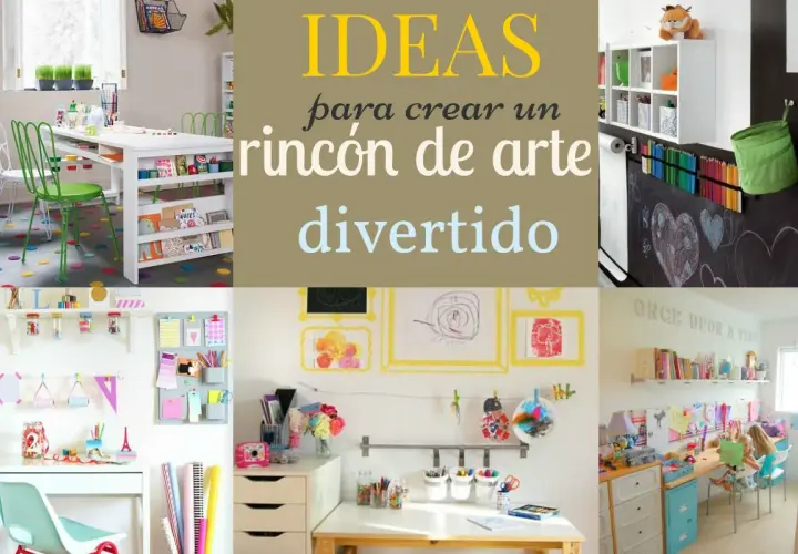 Ideas para crear un rincón del arte divertido, con mesas, sillas, pizarras y materiales de arte organizados.