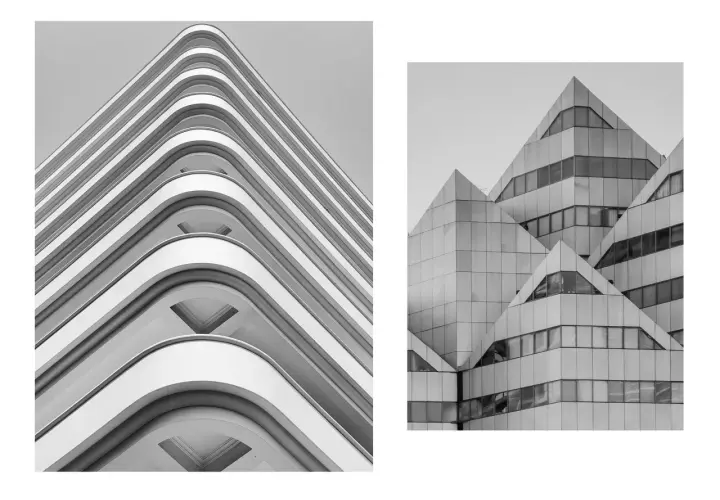 Dwie fotografie budynków: jeden z zaokrąglonymi balkonami, drugi o geometrycznych, ostrych kształtach.
