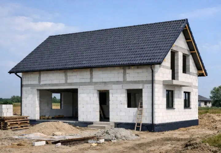 Dom w budowie z betonu komórkowego, najtańszy materiał na budowę domu. Dach pokryty ciemną dachówką, okna i drzwi jeszcze nie zamontowane.