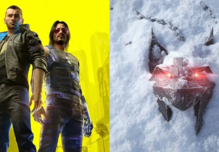 Dwie postacie z gry Cyberpunk 2077 od CD Projekt RED na tle żółtego miasta i mechaniczny wilk z czerwonymi oczami w śniegu.