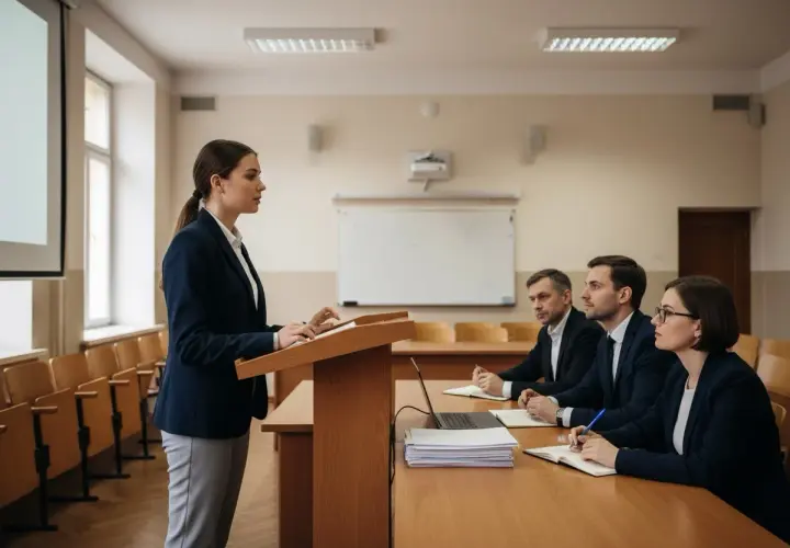 Kobieta prezentuje swoją obronę przed komisją. Słuchacze uważnie notują.