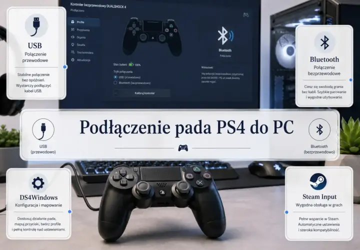 Jak podłączyć pada do laptopa przez bluetooth? Instrukcja pokazuje połączenie USB i bezprzewodowe, konfigurację DS4Windows i Steam Input.