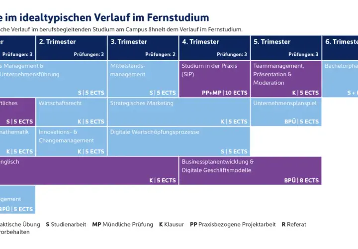 Struktur eines Vollzeitstudiums im Fernstudium: Module über 6 Trimester, von strategischem Management bis zur Bachelorphase.