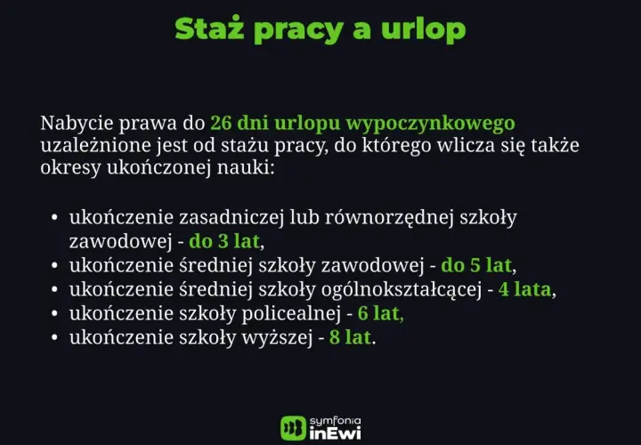 Staż pracy a urlop: okresy nauki wliczane do stażu pracy, np. ukończenie szkoły zawodowej do 3 lat, średniej do 5 lat.