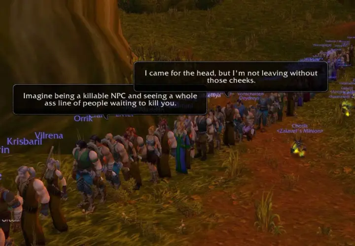Długa kolejka graczy w grze, czekających na zabicie NPC. Humorystyczne dialogi sugerują, że to część "burning crusade".