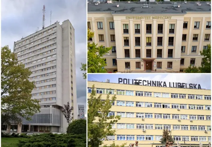 Trzy budynki uczelni w Lublinie: wysoki wieżowiec, Uniwersytet Medyczny i Politechnika Lubelska.