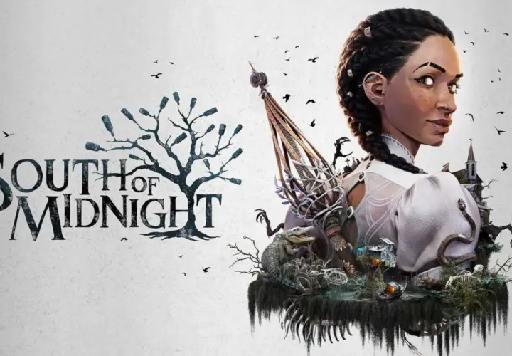 Kobieta z warkoczem i tajemniczym naszyjnikiem, obok drzewa z butelkami i napisem "South of Midnight". W tle kościół i aligator.