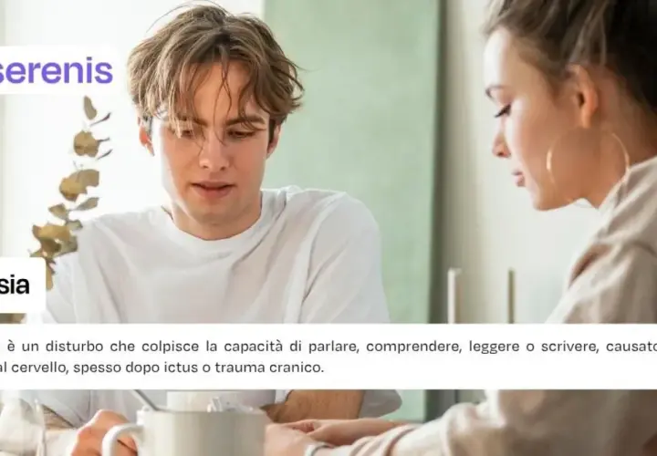 Afasia: il suo significato. Un giovane e una ragazza discutono, mentre una didascalia spiega che l'afasia è un disturbo del linguaggio causato da danni cerebrali.