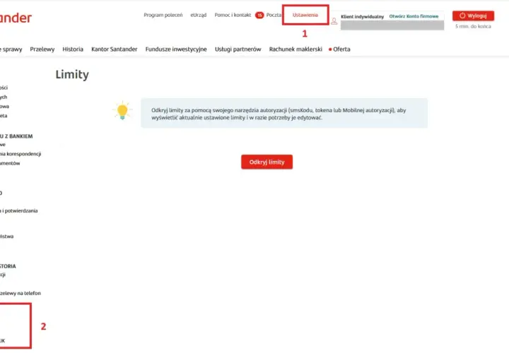 Ustawienia konta Santander: zarządzanie limitami transakcji, przelewów i kart. Możliwość odkrycia i edycji limitów.