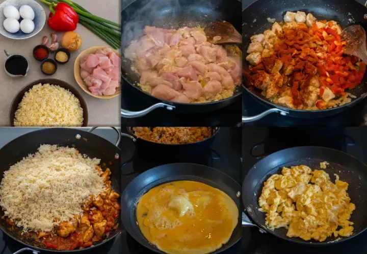 Steg för steg hur man gör arroz chaufa: kyckling steks, kryddas med paprika, ris tillsätts, ägg steks och blandas.