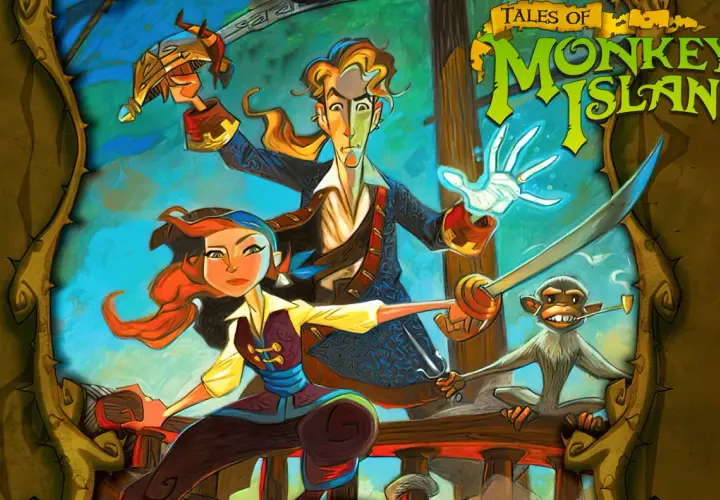 Postacie z gry "Tales of Monkey Island" - Guybrush Threepwood, Elaine Marley i małpa z fajką, w dynamicznej scenie z szablami.