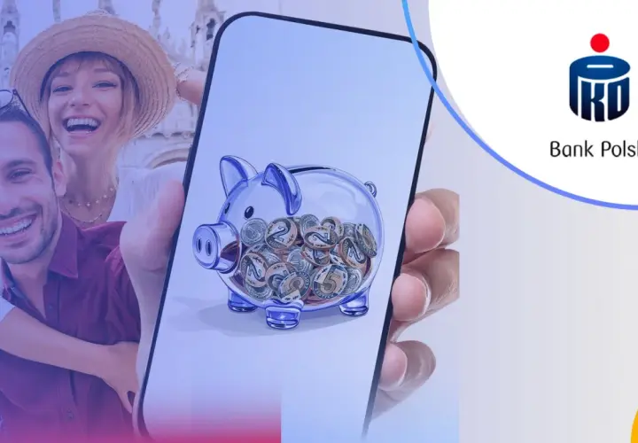 Szczęśliwa para na tle Wenecji, trzymająca smartfon z skarbonką pełną monet. PKO Bank Polski wspiera Twoje marzenia.