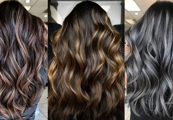 Tres estilos de mechas para morenas oscuras: rubias ceniza, miel y plateadas.