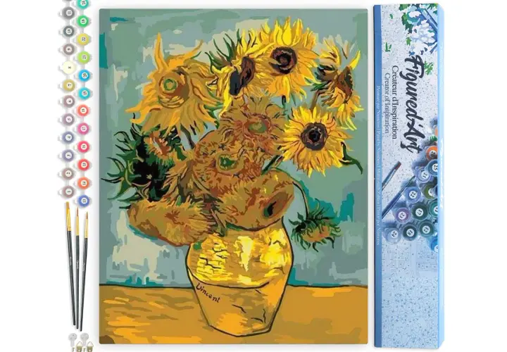 Un kit de pintura por números con girasoles al estilo de Van Gogh, incluyendo pinceles y botes de pintura numerados.