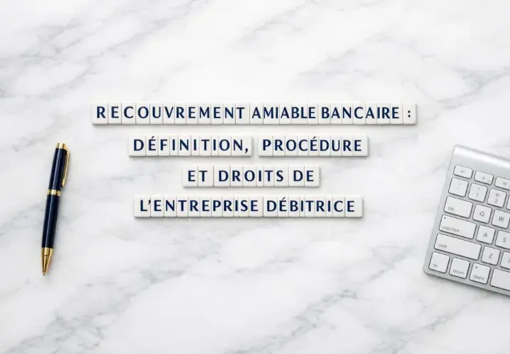 Lettres formant "Recouvrement amiable bancaire : définition, procédure et droits de l'entreprise débitrice". Stylo et clavier à proximité.