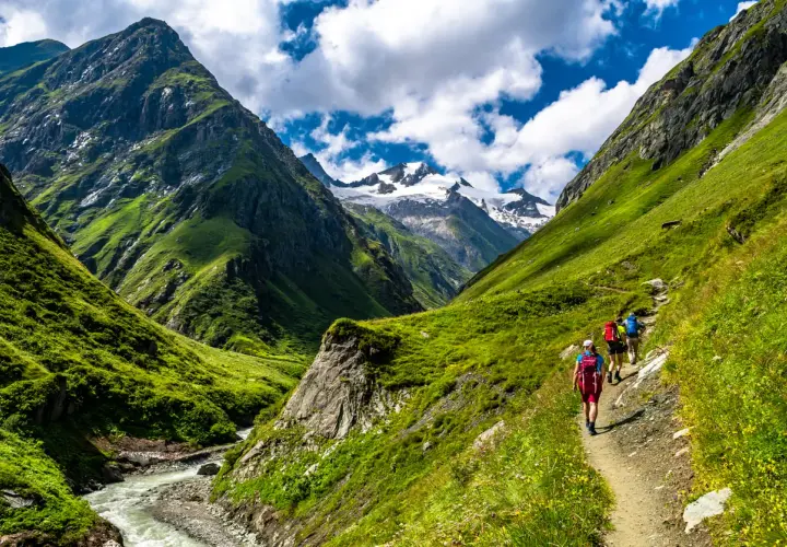 Hikers on a trail amidst lush green mountains, experiencing the beauty of long distance hikes in Europe. Snow-capped peaks loom in the distance.