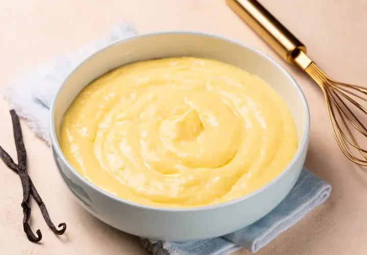 Un bol de crème pâtissière onctueuse, parsemée de points de vanille, avec des gousses de vanille et un fouet doré à proximité.