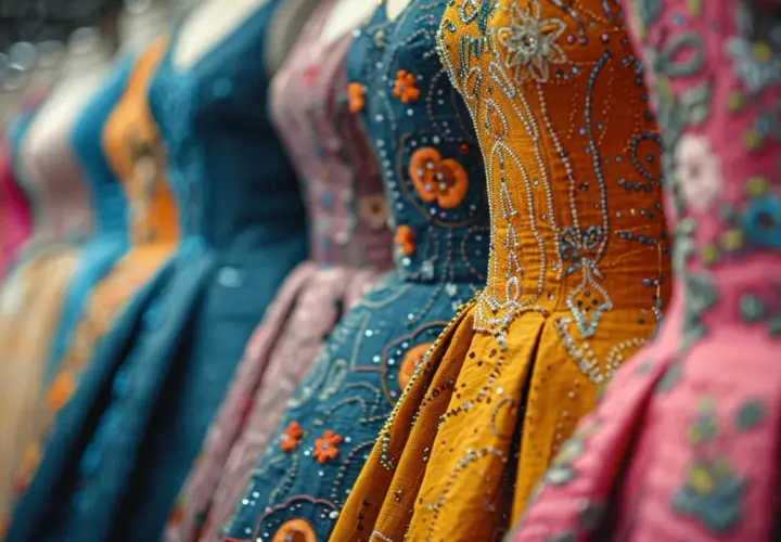 Robes colorées et ornées, un aperçu du tarif horaire d'une couturière pour des créations uniques.
