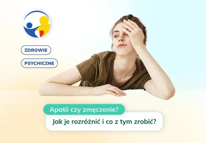 Zmęczona kobieta opiera głowę na dłoni, obok logo i napisy "Zdrowie psychiczne".