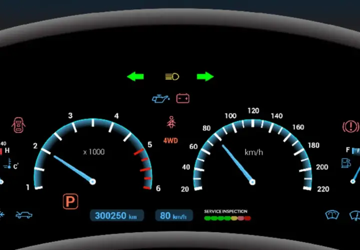 Panel de control de coche con velocímetro, tacómetro, indicador de combustible y el símbolo líquido de frenos.