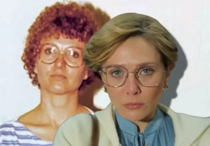 Elizabeth Olsen jako Candy Montgomery w serialu "Miłość i śmierć". W tle oryginalne zdjęcie Montgomery.