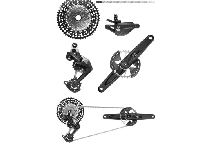 Comparing SLX vs XT: A bicycle drivetrain with a cassette, derailleur, chain, shifter, and crankset.