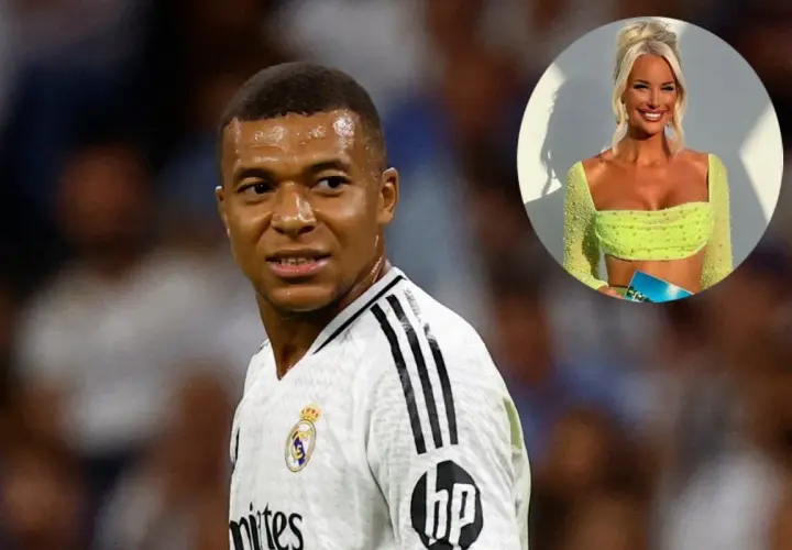 Kylian Mbappé w koszulce Realu Madryt i kobieta w limonkowym topie w okręgu.
