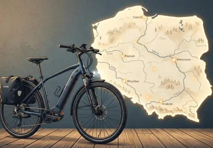 Gotowy rower elektryczny z sakwami obok mapy Polski, sugerujący podróż i rejestrację roweru.