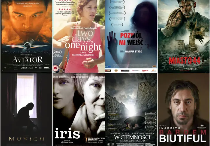Kolaż plakatów filmowych: "Aviator", "Dwa dni, jedna noc", "Pozwól mi wejść", "Miasto 44", "Monachium", "Iris", "W ciemności", "Biutiful". Bardzo dobry film to "Miasto 44".
