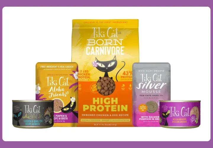 Is Tiki Cat food good? This image showcases various Tiki Cat products, including dry food and wet food cans, suggesting a focus on high-protein, grain-free options for cats.