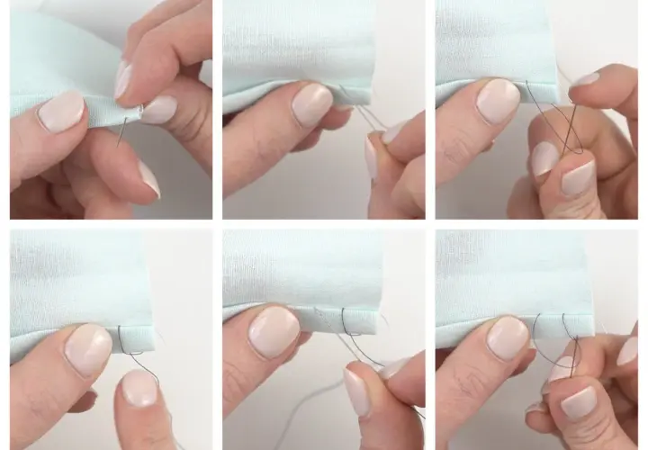 Hands demonstrate how to sew a hem with a needle and thread, showing each step of the stitch.