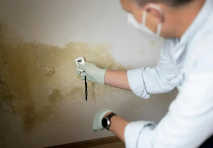 Mann mit Handschuhen und Maske misst Feuchtigkeit an schimmeliger Wand. So wird trockenen Schimmel entfernen.