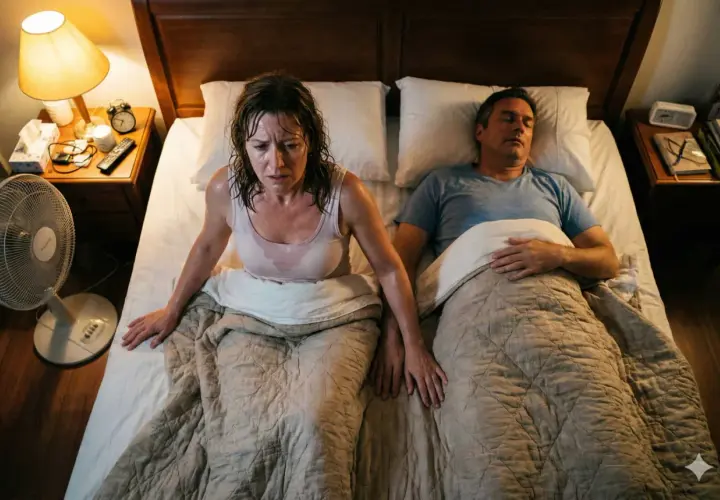 Una donna sudata e angosciata in un letto, mentre un uomo dorme serenamente. Le buone abitudini al mattino iniziano con un sonno riposante.