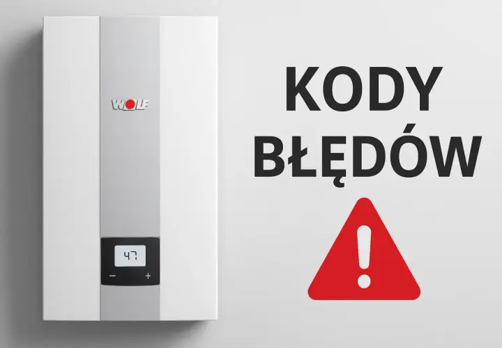 Na piecu gazowym marki WOLF wyświetla się kod błędu "47". Obok widnieje napis "KODY BŁĘDÓW" i czerwony trójkąt z wykrzyknikiem.