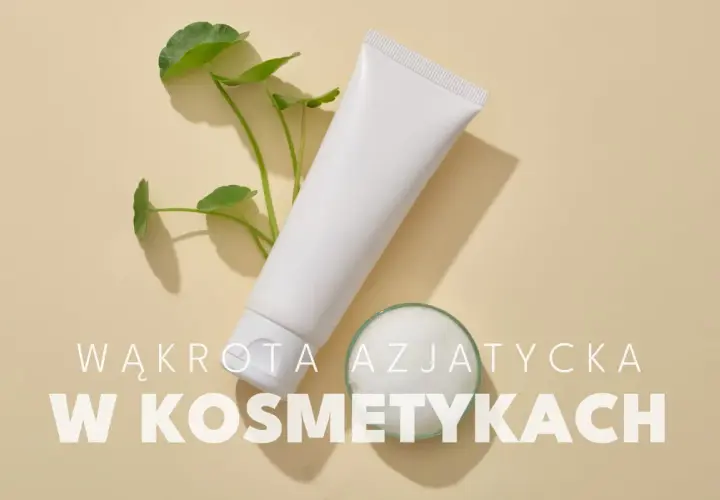 Biała tubka kosmetyku i gałązka z listkami, obok małe naczynie z pianką. Wąkrota azjatycka w kosmetykach.
