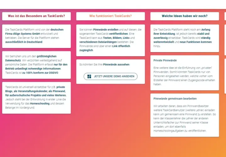 TaskCards: eine kostenlose Padlet-Alternative für Lehrer. Erstellen Sie Pinnwände für Aufgaben, Projekte und Homeschooling. DSGVO-konform.