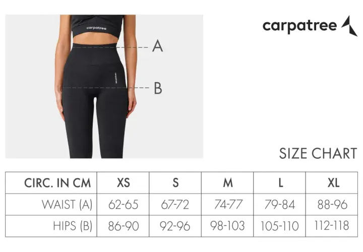 Tabela rozmiarów dla damskich dresów Carpatree. Wymiary w centymetrach dla talii (A) i bioder (B) w rozmiarach XS-XL.