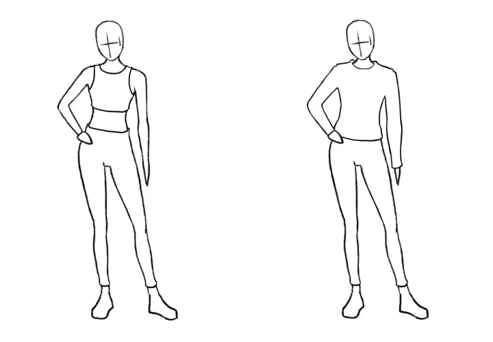 Dibujo maniquí con ropa deportiva, uno con top y mallas, el otro con camiseta y mallas.