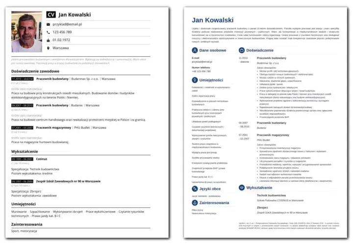 CV Jana Kowalskiego, pracownika budowlanego z wieloletnim doświadczeniem, podkreślające jego kompetencje zawodowe, umiejętności i wykształcenie.