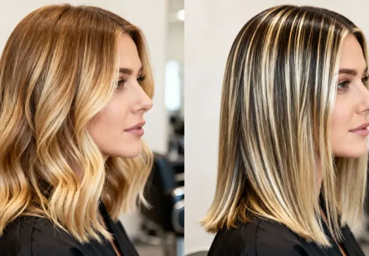 Dos looks de cabello: uno con ondas rubias y otro liso con balayage caramelo y mechas marcadas.
