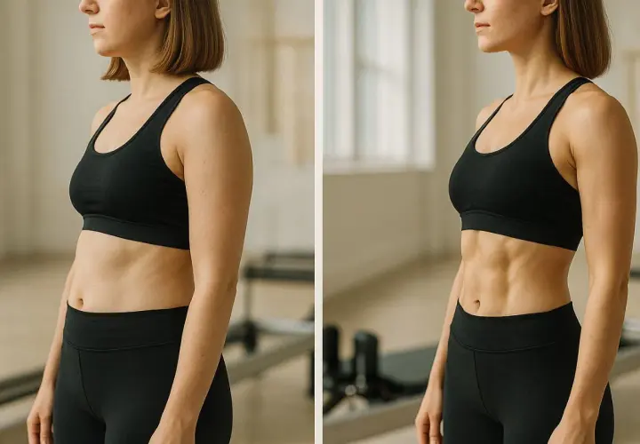 Przed i po: spektakularne pilates efekty. Kobieta prezentuje wyrzeźbiony brzuch po regularnych ćwiczeniach.