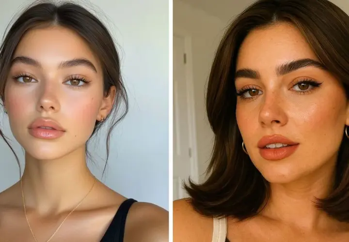 Dos mujeres con un look de soft glam makeup. Piel radiante, labios jugosos y mirada sutilmente realzada.