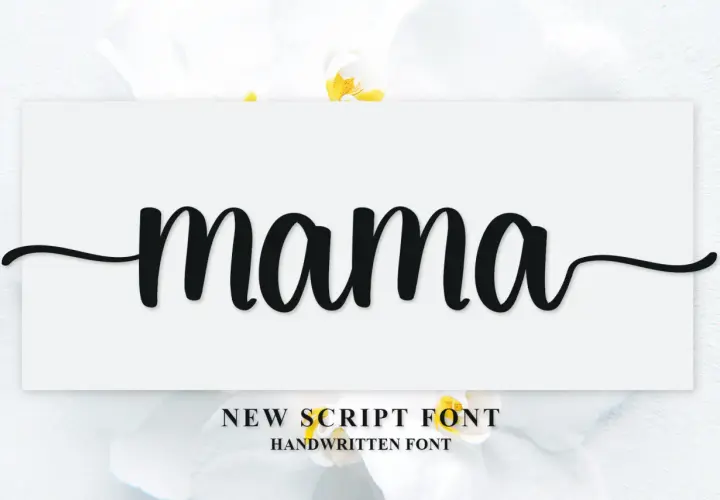 La palabra "mama" escrita en una fuente script elegante, sobre un fondo blanco con flores de orquídea.